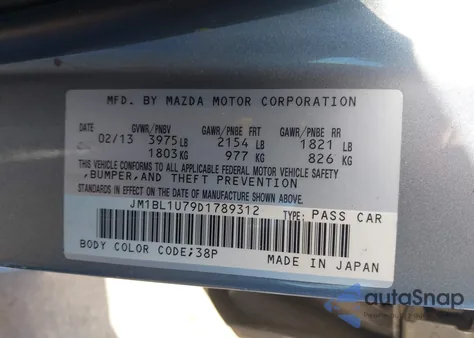 2013 Mazda Mazda3 I Sport from USA, damaged, VIN JM1BL1U79D1789312